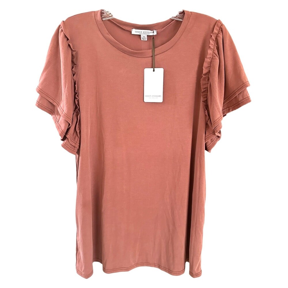 Green Envelope Women's Soft Modal Blouse Top Short Flutter Sleeve Size XL Rust